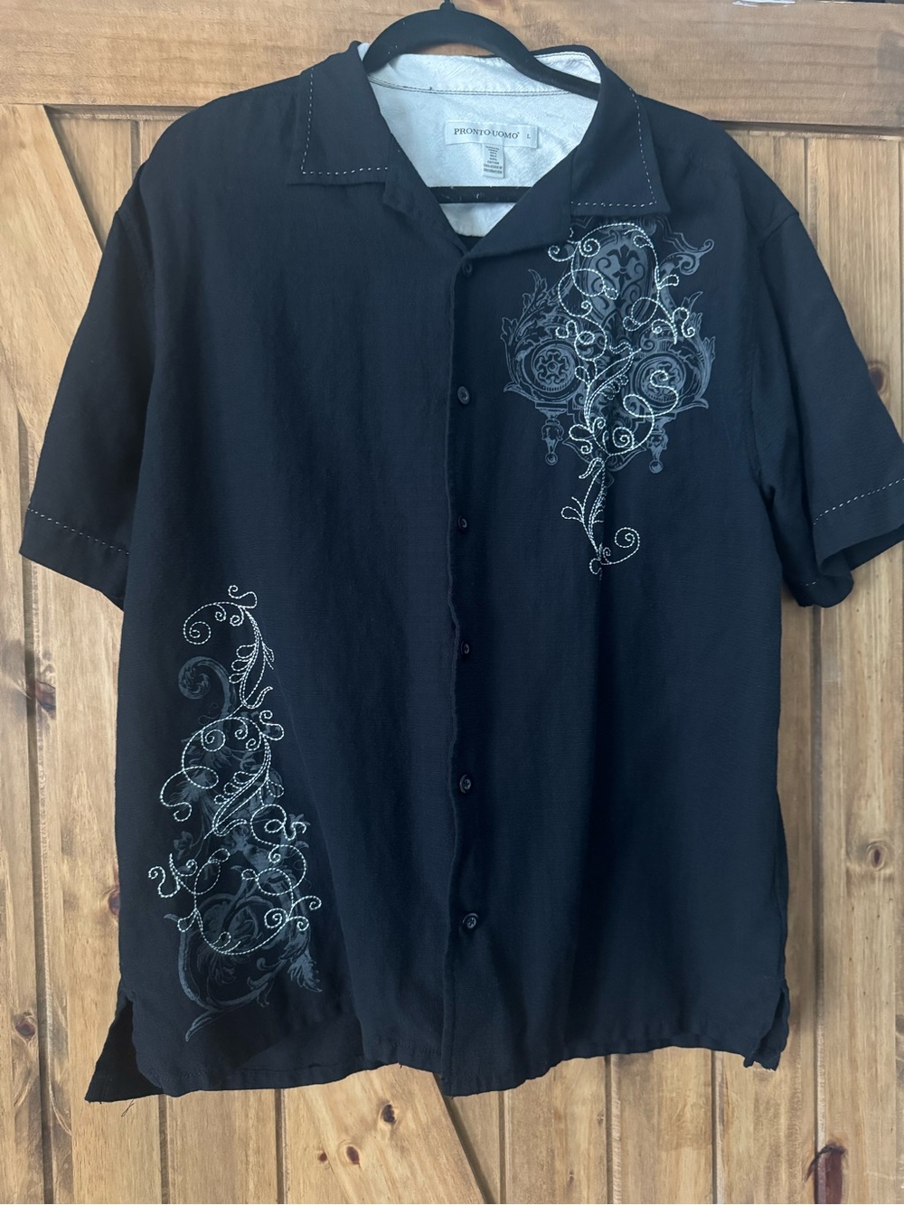 Men's Black Embroidered Button-Up Shirt by
